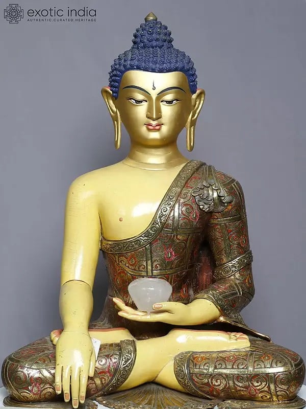 Exotic India 25" Seated Lord Shakyamuni Buddha Statue In Copper Gold Plated From Nepal 