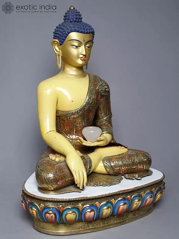 Exotic India 25" Seated Lord Shakyamuni Buddha Statue In Copper Gold Plated From Nepal 