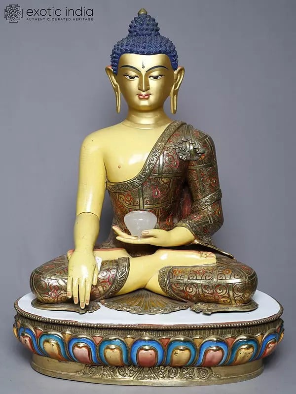 exotic india 25" Seated Lord Shakyamuni Buddha Statue In Copper Gold Plated From Nepal 