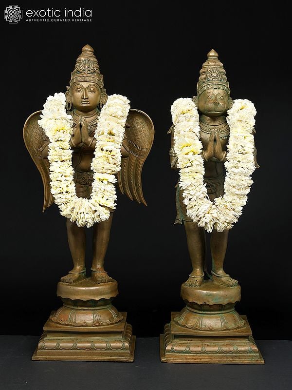 exotic india 25" Standing Garuda and Hanuman | Set of 2 | Madhuchista Vidhana (Lost-Wax) | Panchaloha Bronze from Swamimalai 