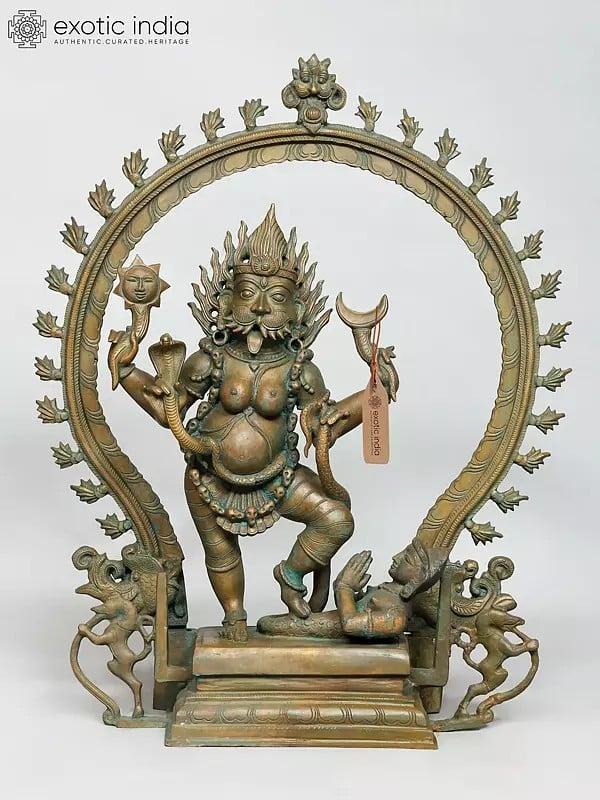exotic india 25" Standing Goddess Pratyangira with Kirtimukha Prabhavali | Madhuchista Vidhana (Lost-Wax) | Panchaloha Bronze from Swamimalai 