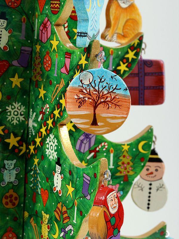 Exotic India 26" Hand Painted Wooden Christmas Tree Figurine | From Kashmir | Handmade 