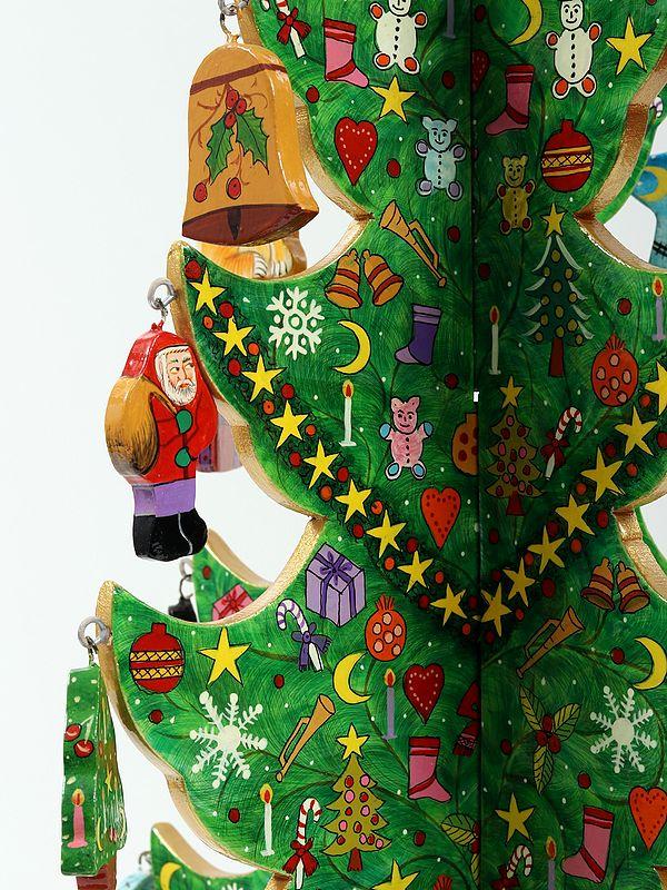 Exotic India 26" Hand Painted Wooden Christmas Tree Figurine | From Kashmir | Handmade 