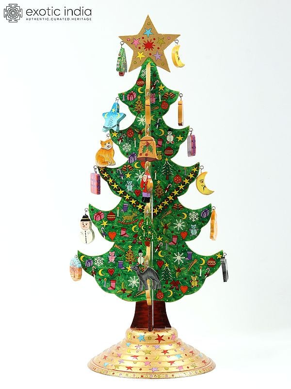 exotic india 26" Hand Painted Wooden Christmas Tree Figurine | From Kashmir | Handmade 