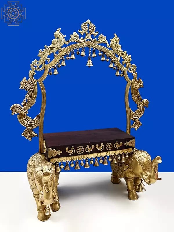 Exotic India 26" Home Temple Altar With Prabhavali And Pedestal On Two Elephants Stand 