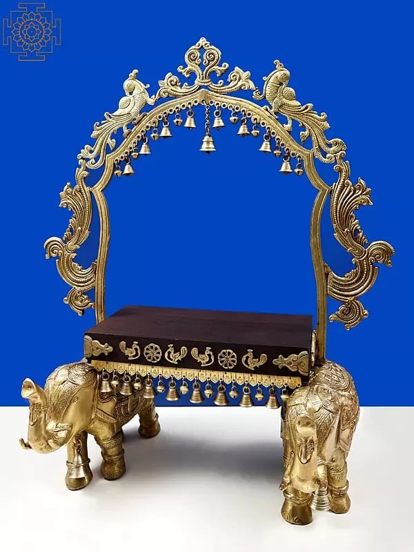 Exotic India 26" Home Temple Altar With Prabhavali And Pedestal On Two Elephants Stand 