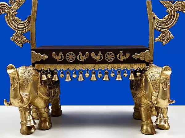 Exotic India 26" Home Temple Altar With Prabhavali And Pedestal On Two Elephants Stand 