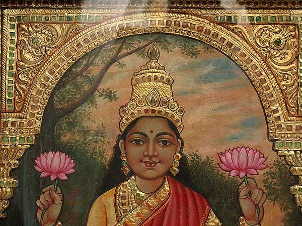 Exotic India 26" Maa Lakshmi Standing On Pink Lotus Tanjore Painting With Frame | Art By Rajaraman 