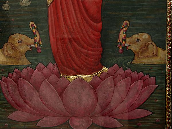 Exotic India 26" Maa Lakshmi Standing On Pink Lotus Tanjore Painting With Frame | Art By Rajaraman 