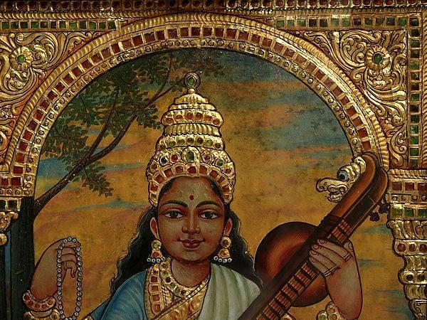 Exotic India 26" Maa Saraswati Standing On White Lotus | Tanjore Painting With Frame | Art By Rajaraman