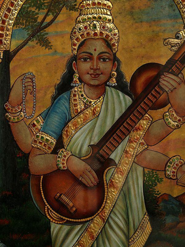 Exotic India 26" Maa Saraswati Standing On White Lotus | Tanjore Painting With Frame | Art By Rajaraman