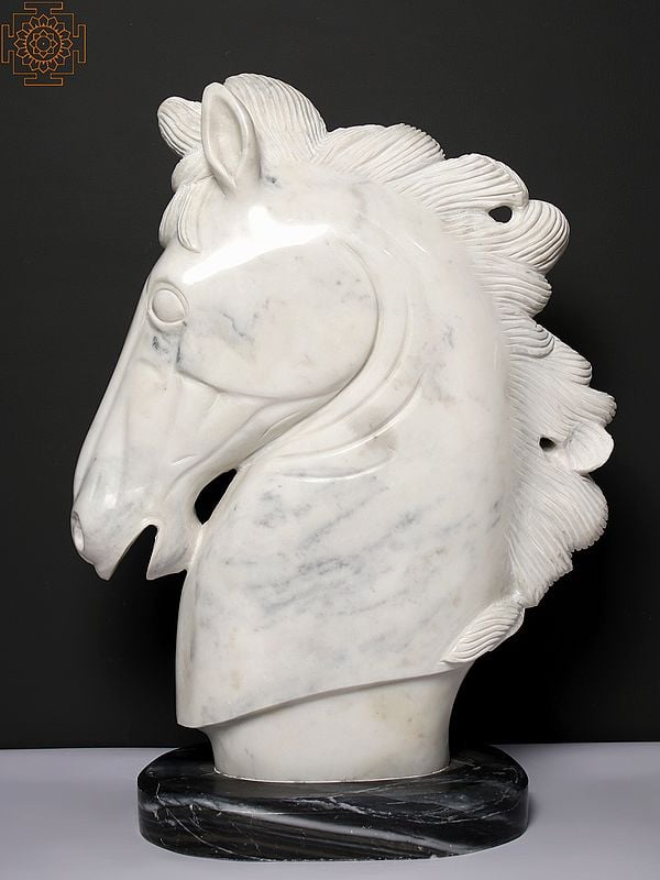Exotic India 26" Marble Horse Head Figurine | Modern Art Sculpture 
