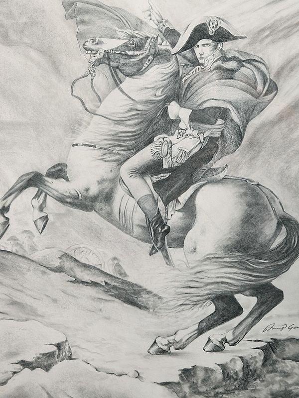 Exotic India 26" Napoleon Crossing The Alps | Pencil Sketch By Anup Gomay 