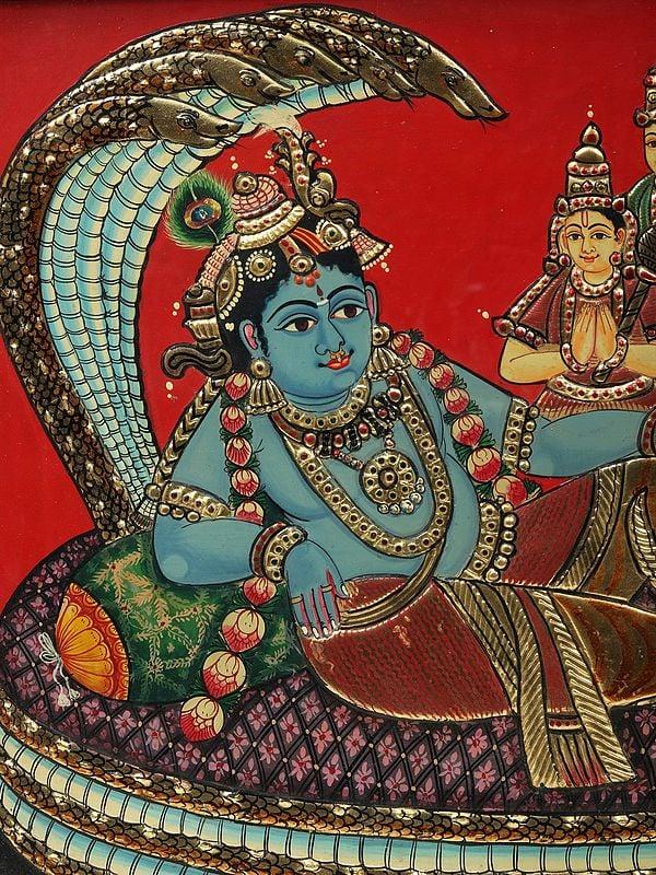 Exotic India 26" Shesh-Shayi Lord Krishna | Tanjore Painting With Frame 