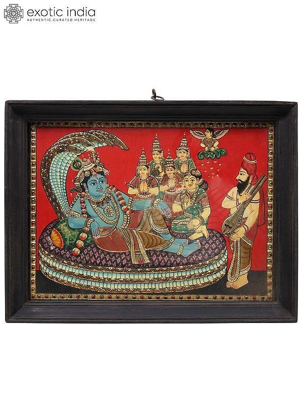 exotic india 26" Shesh-Shayi Lord Krishna | Tanjore Painting with Frame 