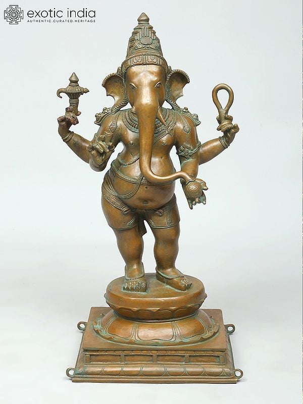 exotic india 26" Standing Four Armed Lord Ganesha | Madhuchista Vidhana (Lost-Wax) | Panchaloha Bronze from Swamimalai 