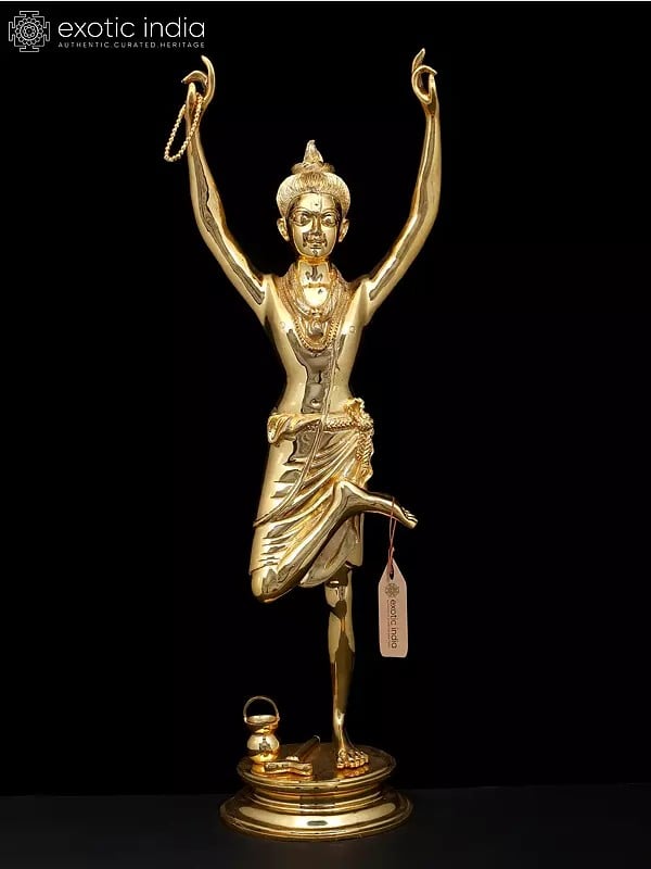 exotic india 26" Swaminarayan (Sahajanand Swami) Idol in Graceful Pose | Brass Statue with Gold Finish 