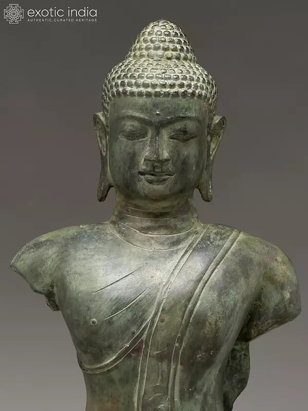 Exotic India 27" Buddha Bust On Wood Base | Balinese Brass Statue 