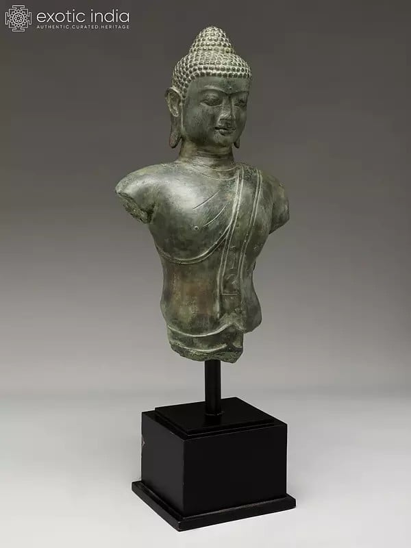 Exotic India 27" Buddha Bust On Wood Base | Balinese Brass Statue 