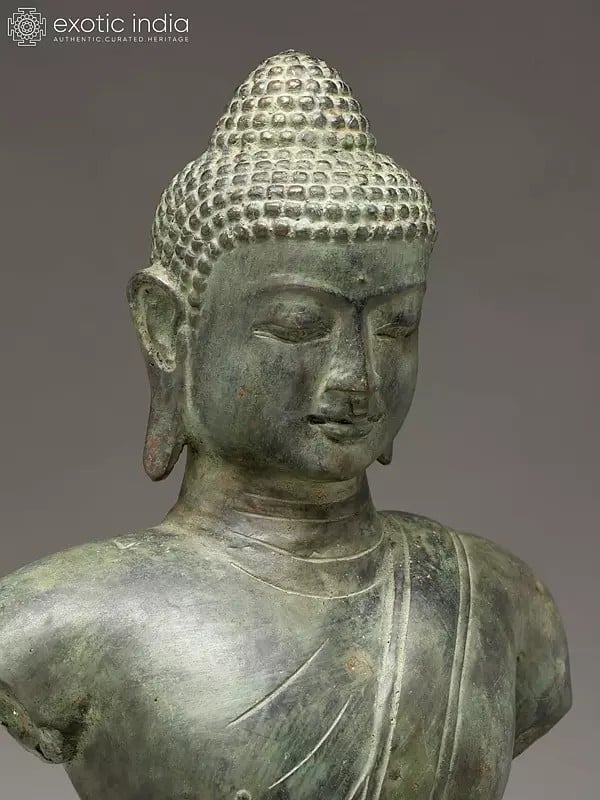 Exotic India 27" Buddha Bust On Wood Base | Balinese Brass Statue 