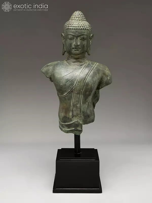 exotic india 27" Buddha Bust on Wood Base | Balinese Brass Statue 