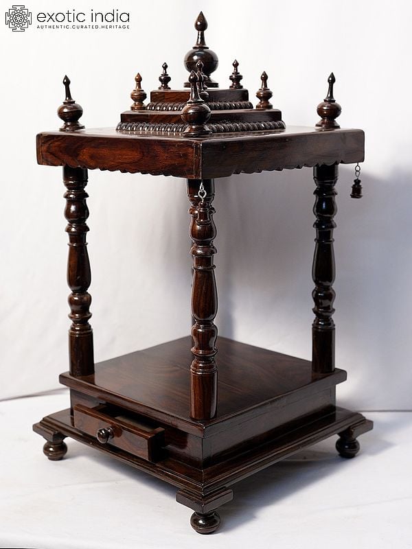Exotic India 27" Four Sided Open Wood Temple With Drawer | Handmade Rosewood Home Decor Item 