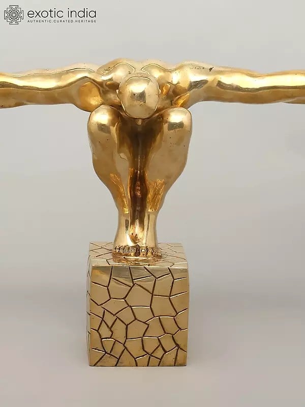 Exotic India 27" That One Breath Before The Dive - The Olympic Swimmer | Decorative Brass Statue | Home Decor 