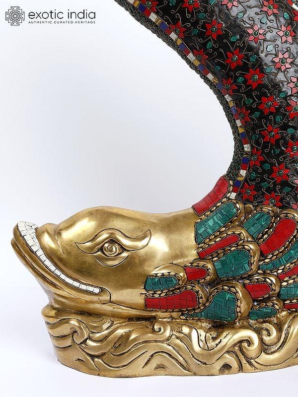 Exotic India 28" Designer Brass Fish Table With Floral Inlay Work