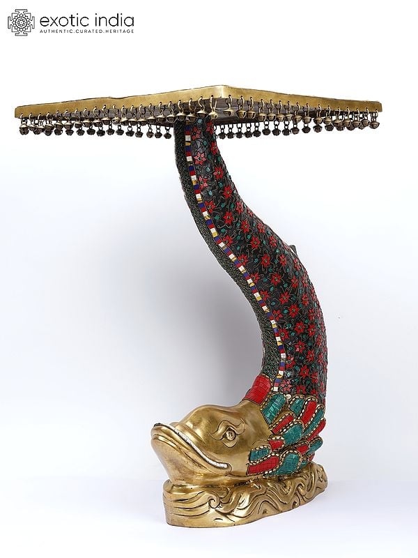 exotic india 28" Designer Brass Fish Table with Floral Inlay Work