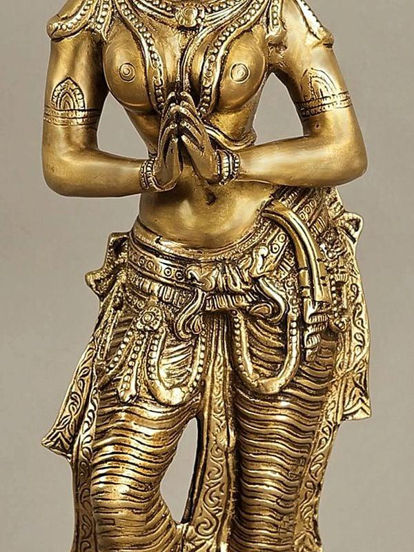 Exotic India 28" Large Sized Gracious Namaste Lady Brass Statue | Handmade 
