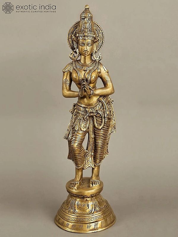 exotic india 28" Large Sized Gracious Namaste Lady Brass Statue | Handmade 