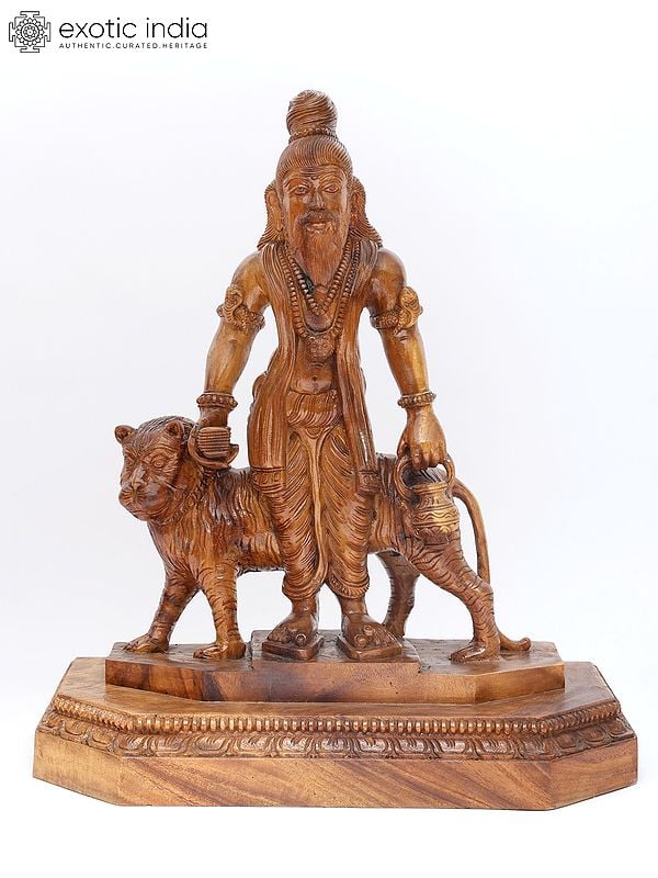 exotic india 28" Tamil Siddha with Lion | Wood Carving 