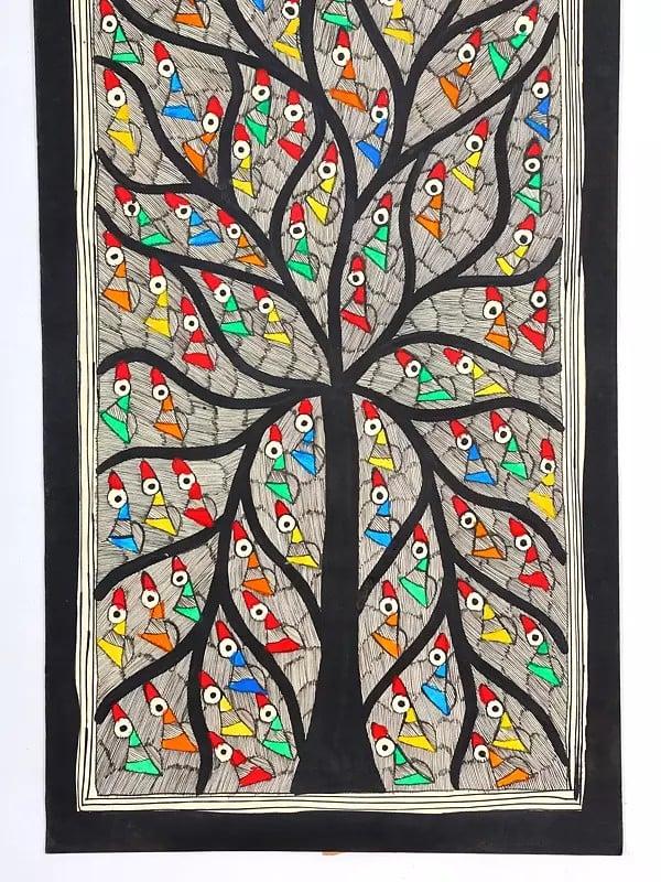 Exotic India 28" Tree Of Life With Full Of Birds | Madhubani Painting 