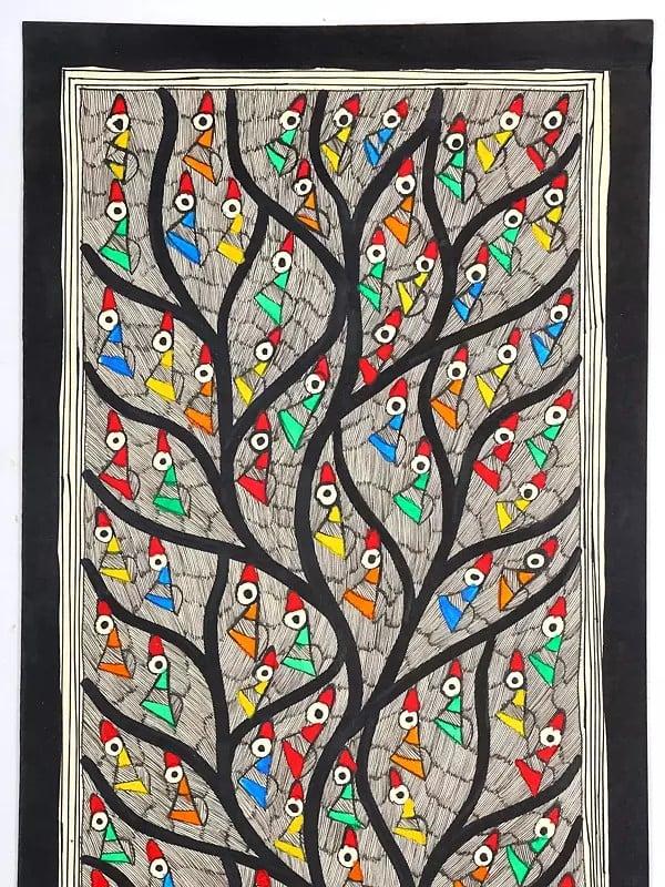 Exotic India 28" Tree Of Life With Full Of Birds | Madhubani Painting 