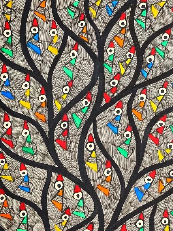 Exotic India 28" Tree Of Life With Full Of Birds | Madhubani Painting 