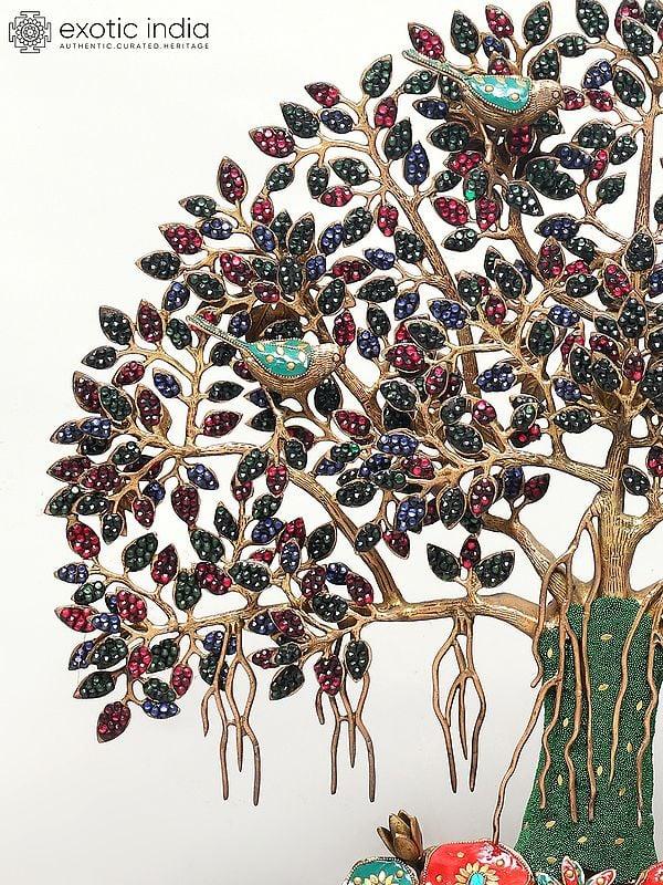 Exotic India 28" Tree Of Life With Perched Birds | Brass With Inlay Work | Wall Hanging 
