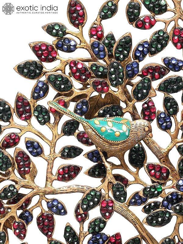 Exotic India 28" Tree Of Life With Perched Birds | Brass With Inlay Work | Wall Hanging 