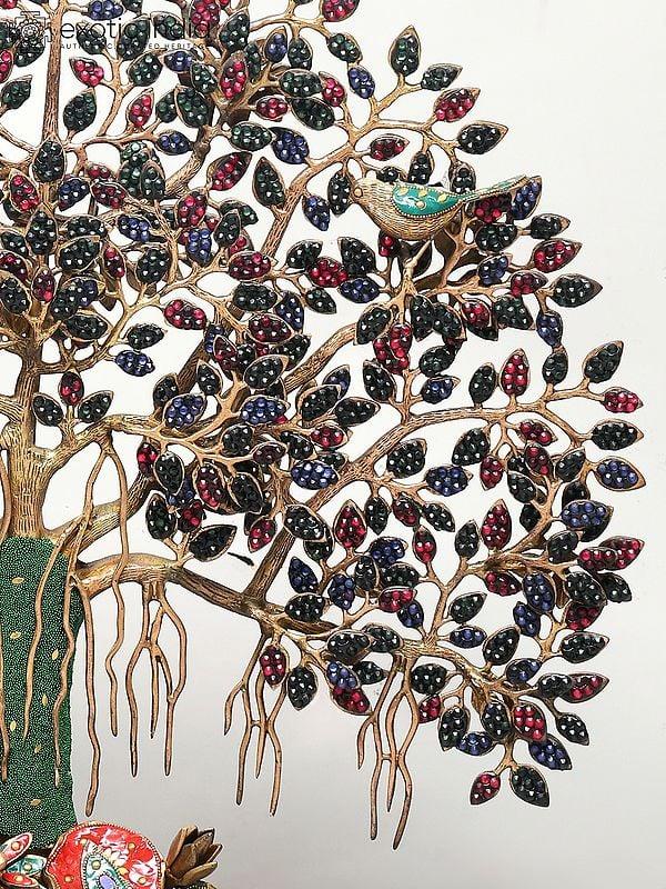 Exotic India 28" Tree Of Life With Perched Birds | Brass With Inlay Work | Wall Hanging 