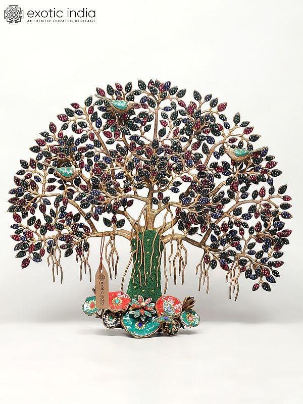 exotic india 28" Tree of Life with Perched Birds | Brass With Inlay Work | Wall Hanging 
