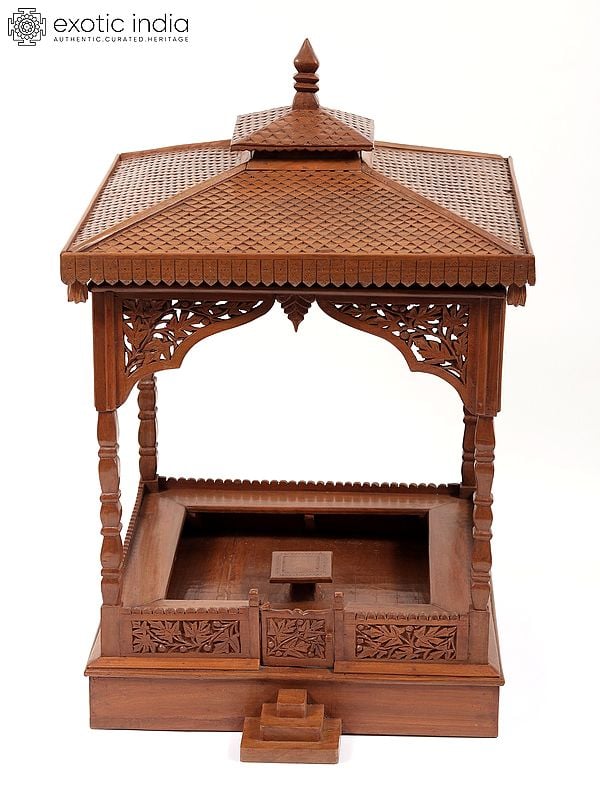 Exotic India 28" Walnut Wood Carved Designer Temple | From Kashmir 