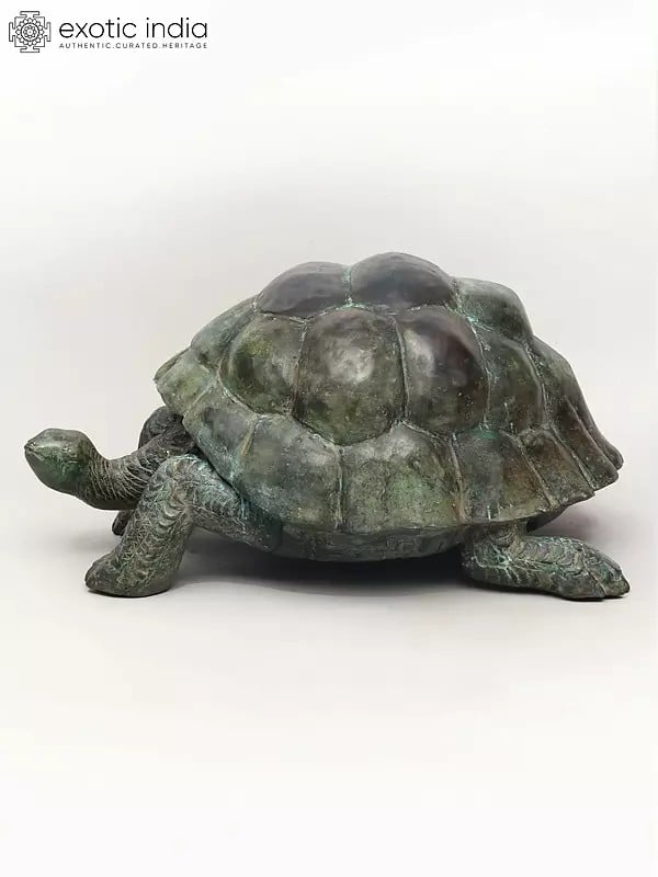 Exotic India 29" Decorative Tortoise Statue In Brass | Large Decor Piece