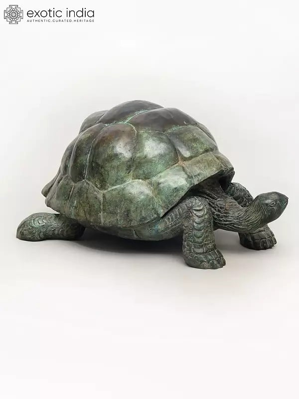 Exotic India 29" Decorative Tortoise Statue In Brass | Large Decor Piece