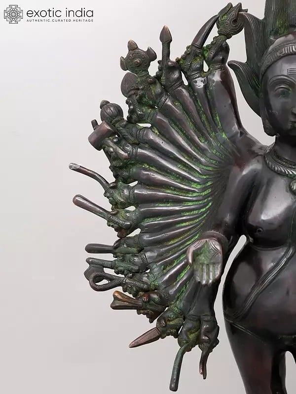 Exotic India 29" Eighteen Armed Goddess Mahakali Standing On Lord Shiva | Brass Statue 
