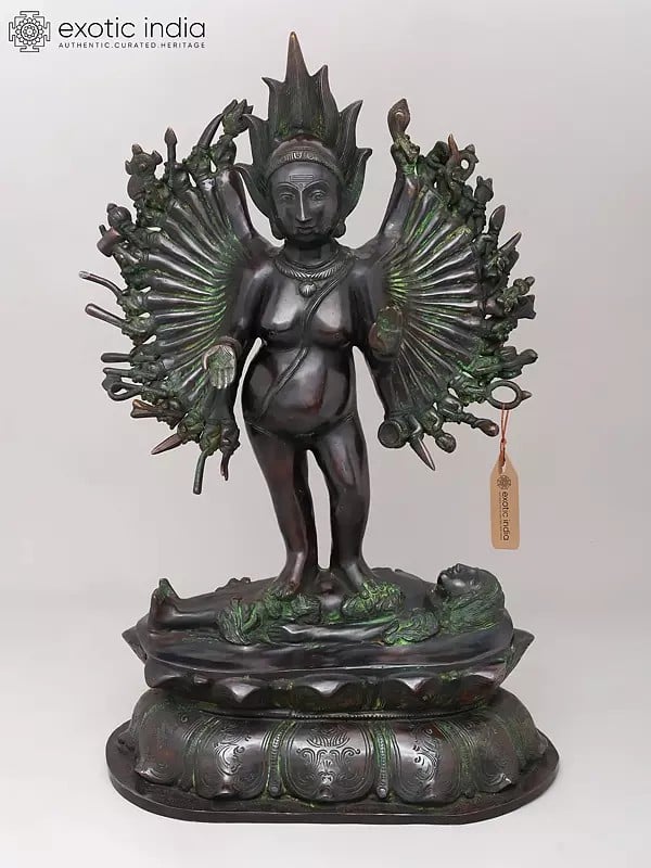 exotic india 29" Eighteen Armed Goddess Mahakali Standing on Lord Shiva | Brass Statue 
