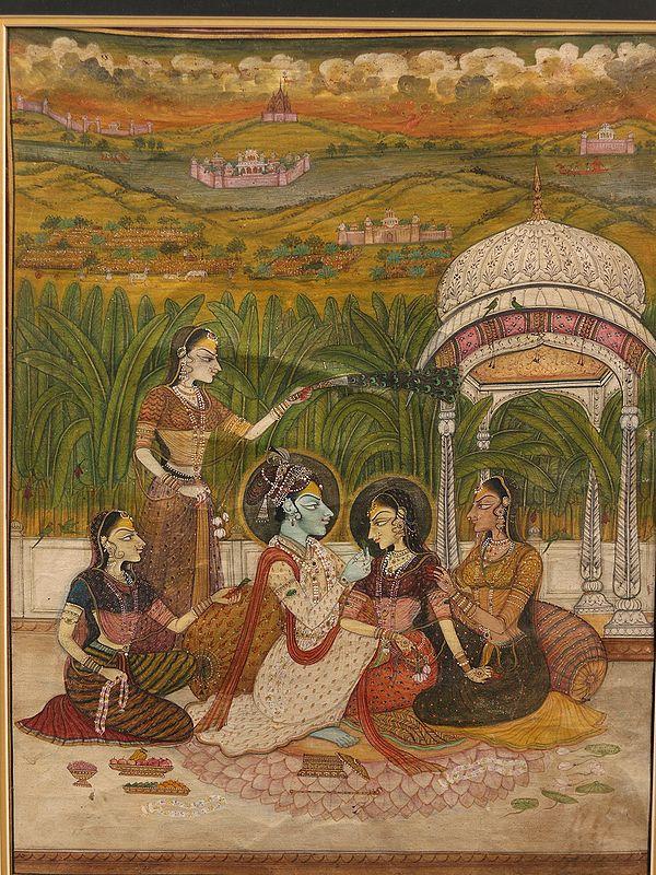 Exotic India 29" Framed Radha Krishna Painting | Wall Hanging Painting