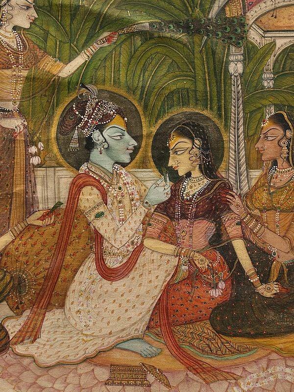 Exotic India 29" Framed Radha Krishna Painting | Wall Hanging Painting