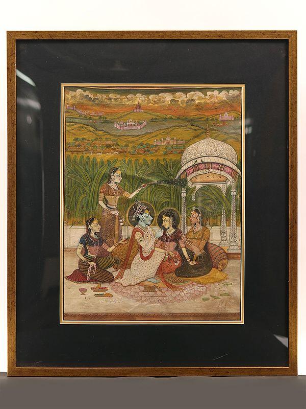 exotic india 29" Framed Radha Krishna Painting | Wall Hanging Painting