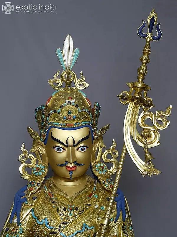 Exotic India 29" Tibetan Buddhist Guru Padmasambhava Statue In Copper Gold Plated | Handmade Statue 