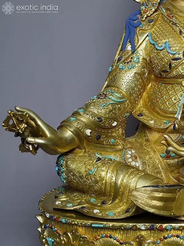 Exotic India 29" Tibetan Buddhist Guru Padmasambhava Statue In Copper Gold Plated | Handmade Statue 