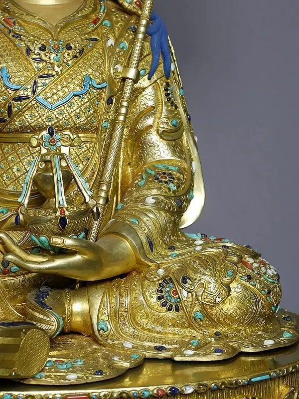 Exotic India 29" Tibetan Buddhist Guru Padmasambhava Statue In Copper Gold Plated | Handmade Statue 